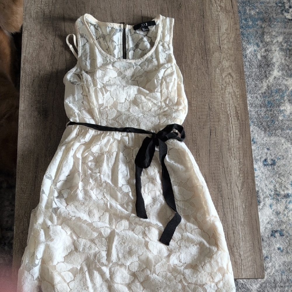 Xhilaration Cream Lace Mini Dress with Black Ribbon